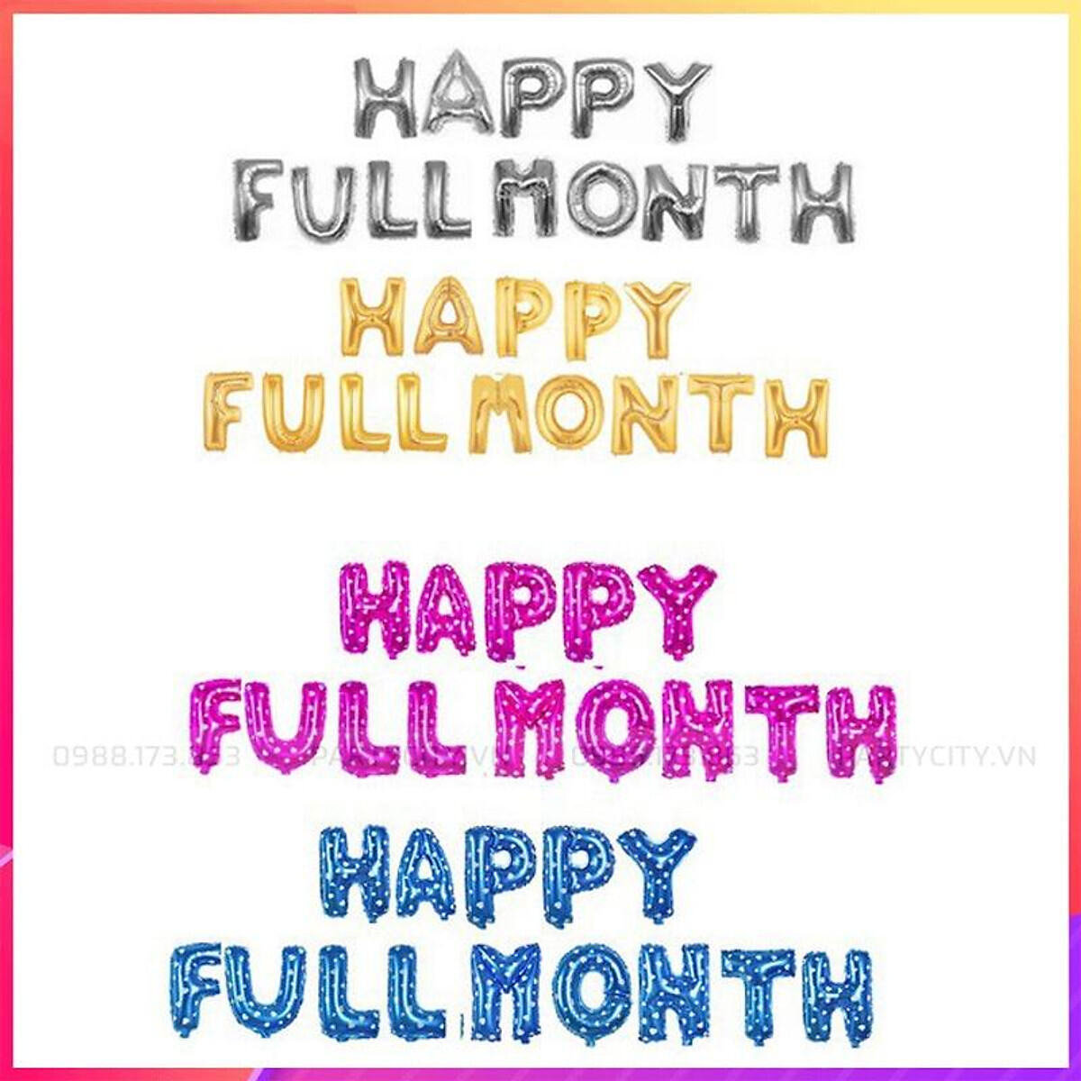 Bộ bóng chữ HAPPY FULL MONTH trang trí đầy tháng cho bé trai, bé gái.