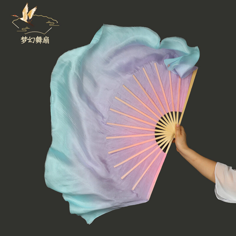 Quạt múa lụa thật quạt lụa dài cổ điển màu xanh tím hồng mộng ảo quạt lụa yangko giao châu quạt lụa múa trung quốc