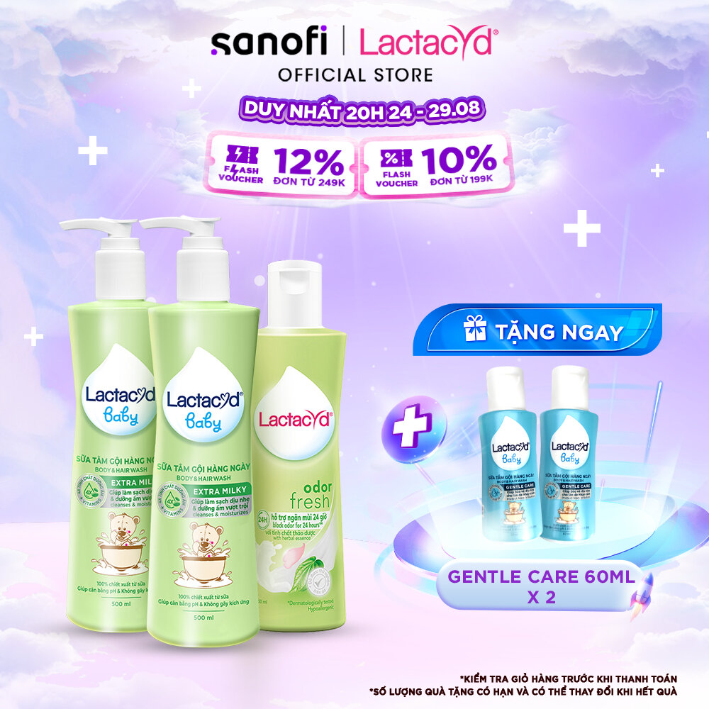 Bộ 2 Sữa Tắm Gội Trẻ Em Lactacyd Baby Extra Milky 500ml + 1 Dung Dịch Vệ Sinh Phụ Nữ Odor Fresh 250ml
