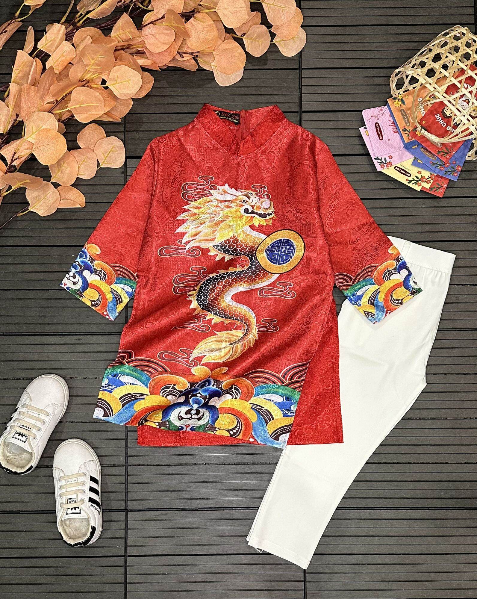 áo dài cách tân bé trai chất vải gấm