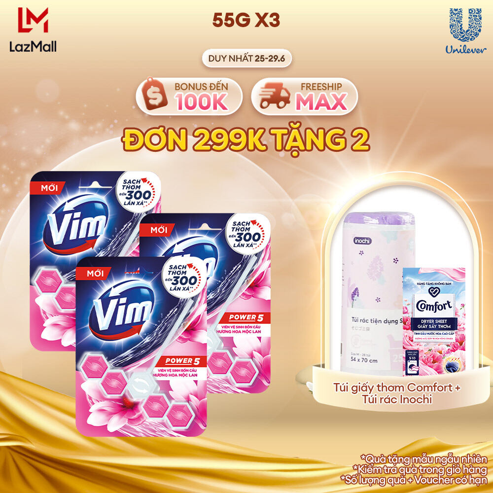 Combo 3 Viên vệ sinh bồn cầu Vim Power5 (55g/viên) | Hương Mộc Lan | Sạch thơm đến 900 lần xả | Tiết kiệm hơn, thơm mát hơn