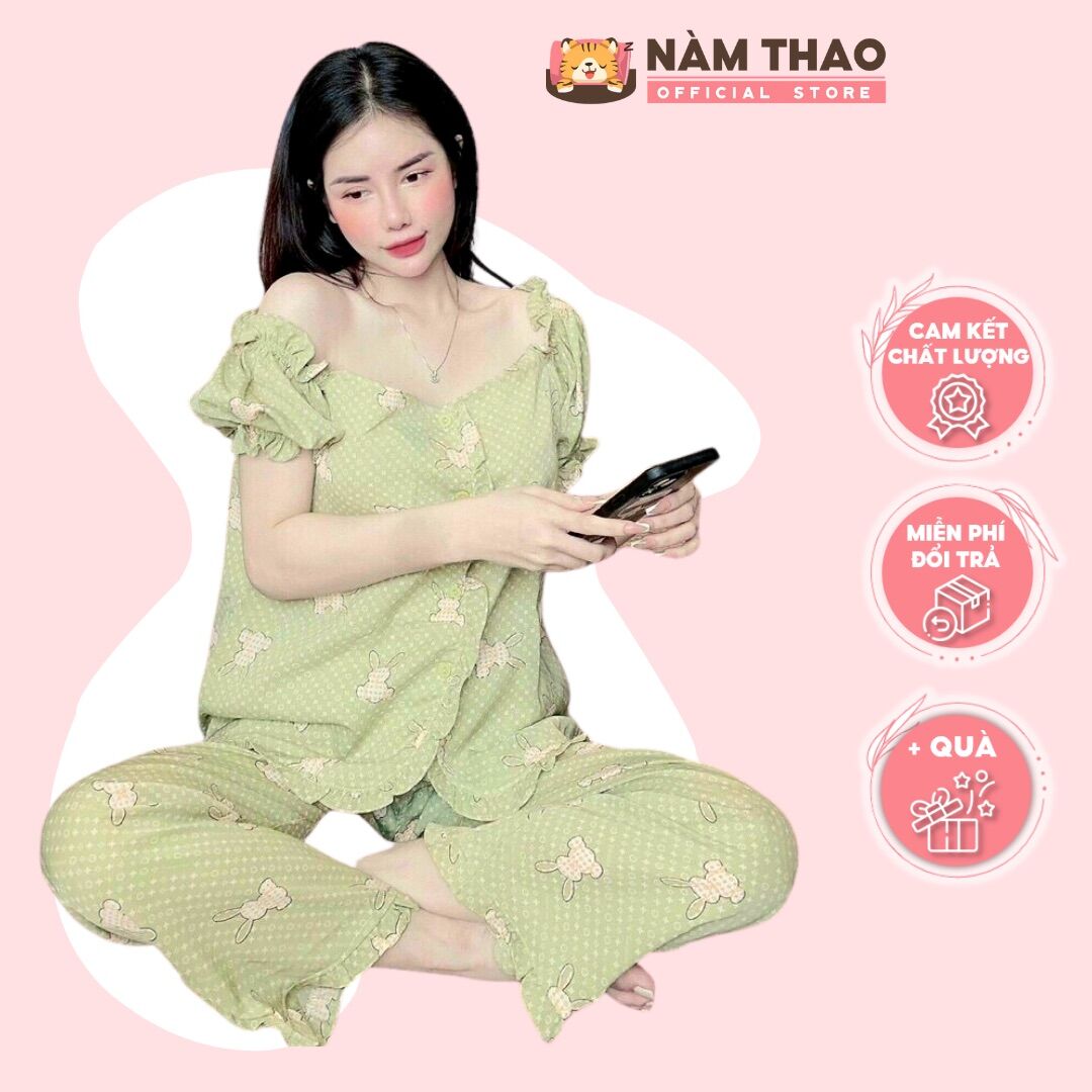 Bộ mặc nhà nữ pyjama lụa mango, quần dài tay bồng tiểu thư, size: 40kg 60kg - nàm thao | nt117