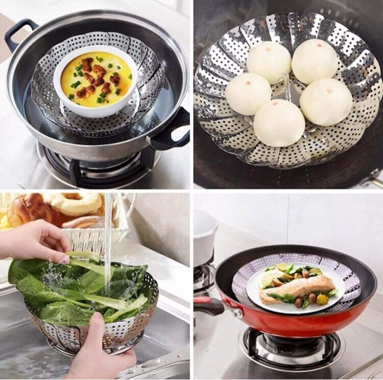 Xửng hấp vỉ hấp rổ hấp inox 3 chân gấp gọn 24cm