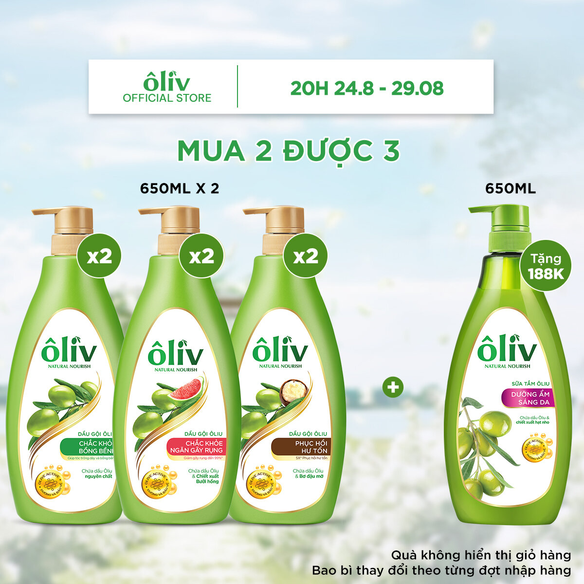 Combo 2 dầu gội ôliv dưỡng tóc chắc khỏe/phục hồi 650mlx2 + tặng dầu xả ôliv dưỡng tóc chắc khỏe ngăn gãy rụng 650ml