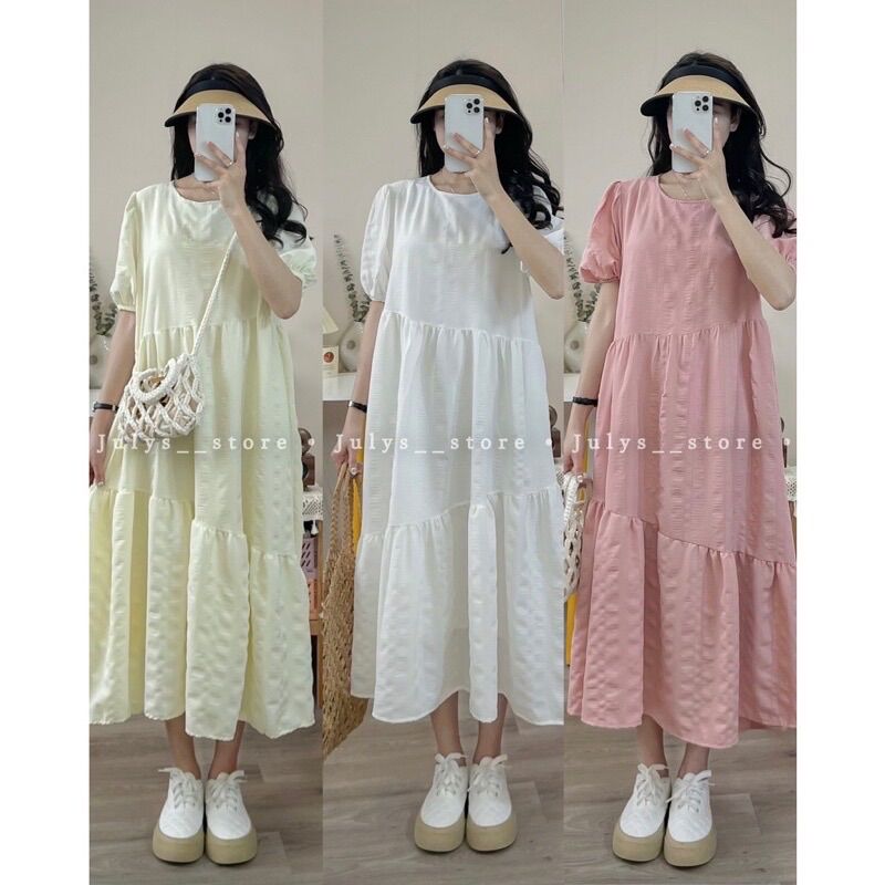Đầm babydoll xốp tầng lệch dáng xoè dài Pea Store