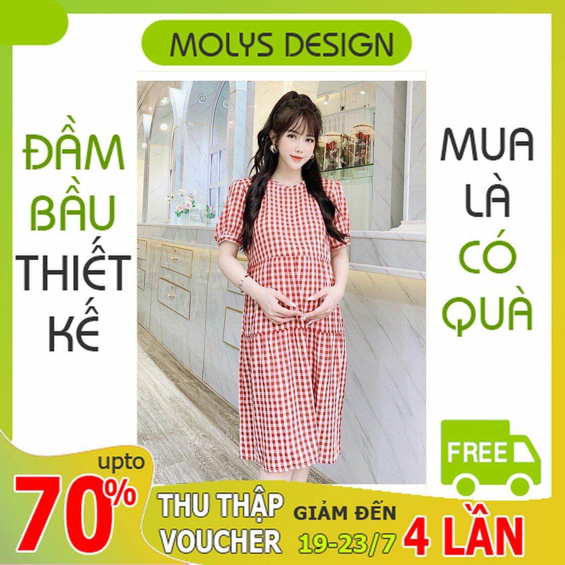Đầm bầu đuôi cá vải kẻ caro đỏ dễ diện đi làm, đi chơi freesize từ 45 đến 75kg VM6640