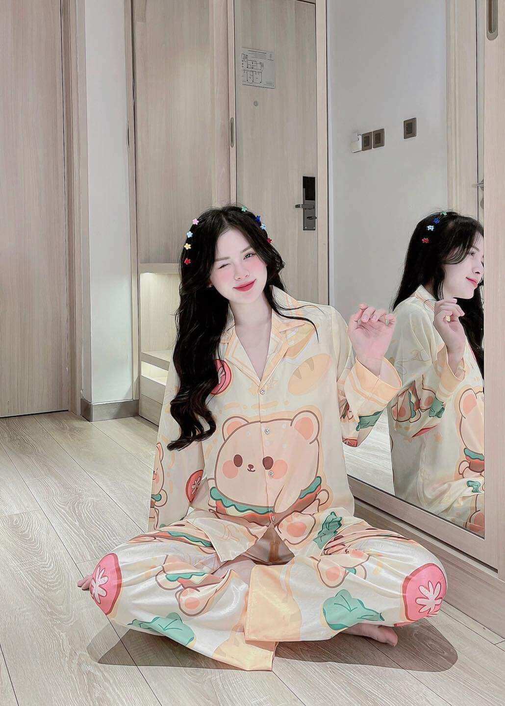 Bộ Đồ Ngủ Pijama Lụa Xước Cao Cấp Áo Tay Dài