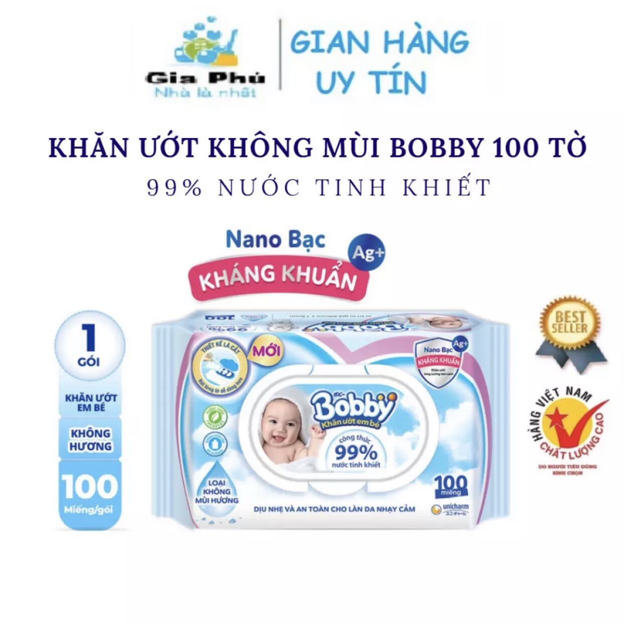 Khăn ướt Bobby không hương 100 tờ