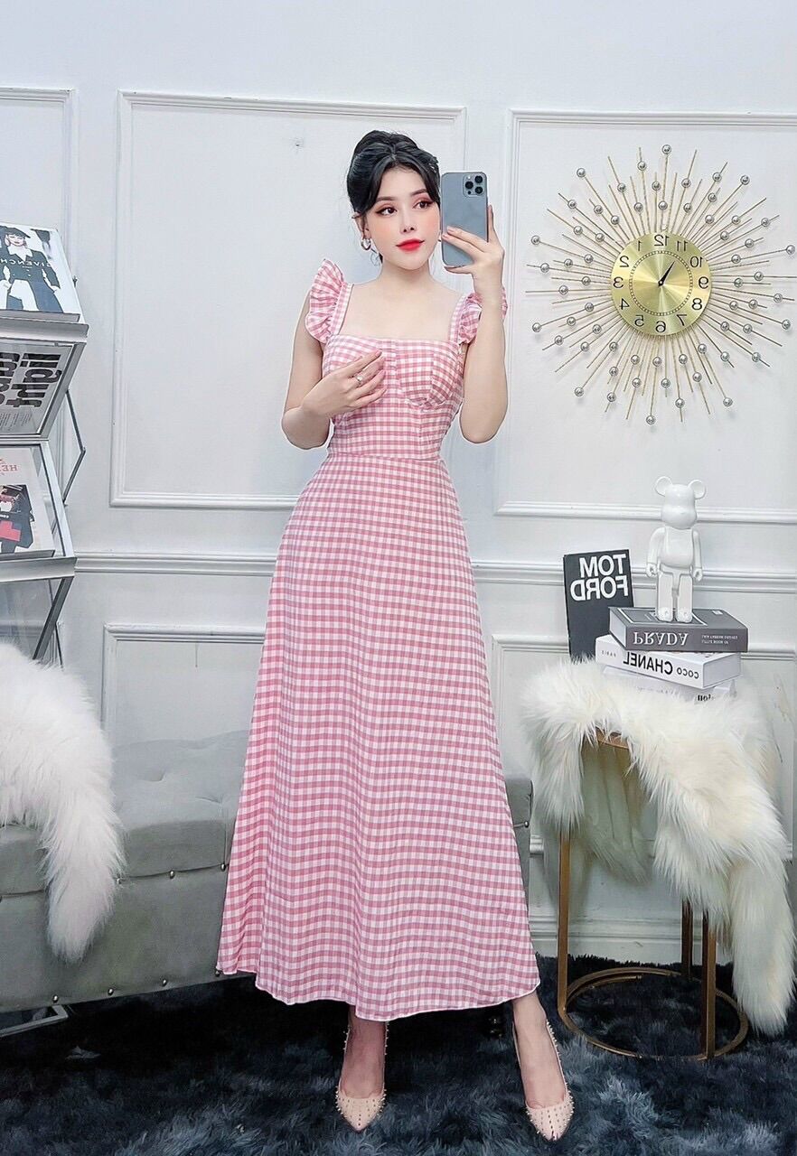 Đầm maxi caro cánh tiên có mút.