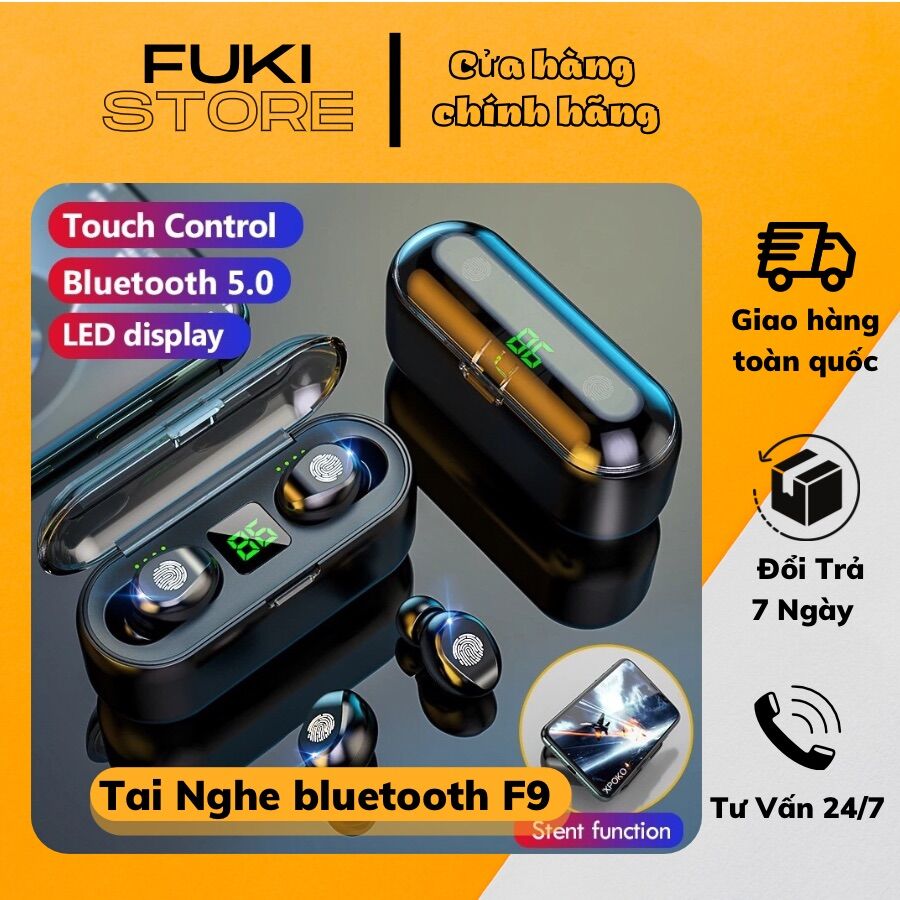Tai Nghe Bluetooth Cảm Ứng Cao Cấp Tích Hợp Sạc Dự Phòng 2500mAh + Giá Đỡ Điện Thoại, Kháng Nước Tốt Kèm Bass Cực Hay F9