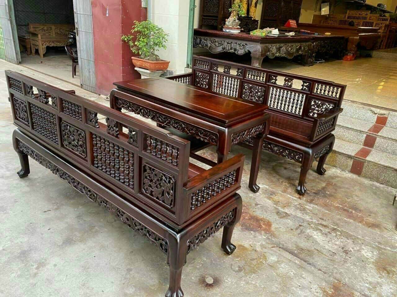 Trường kỷ song tiện huế chân móng gỗ gụ