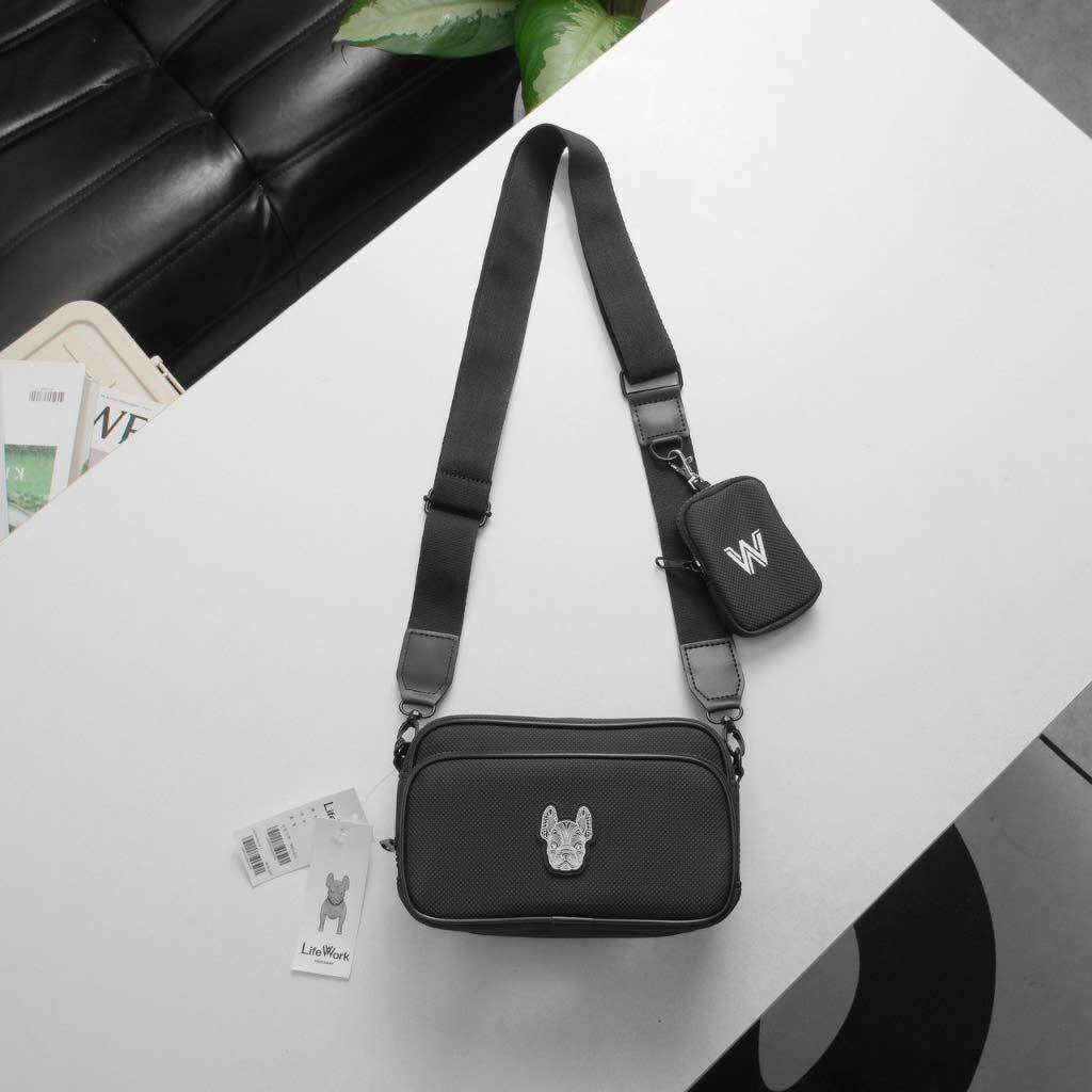 Túi đeo chéo nam nữ life work chất liệu 100% da si chống nước, logo silicon, full tem tap, 2 ngăn kèm túi nhỏ size 216cm - an nhiên