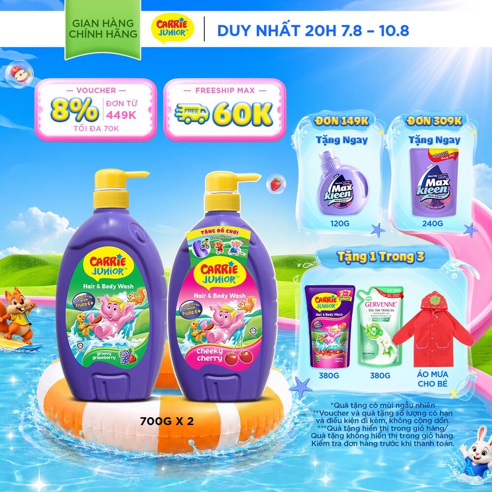 Combo 2 Sữa Tắm Gội cho bé Carrie Junior chiết xuất trái cây thiên nhiên (700g/chai): 1 Hương Grapeberry + 1 Hương Cherry