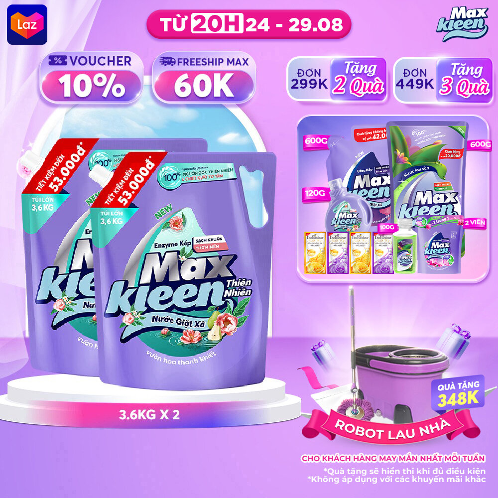 Combo 2 Túi Nước Giặt Xả MaxKleen Thiên Nhiên 3.6kg/túi