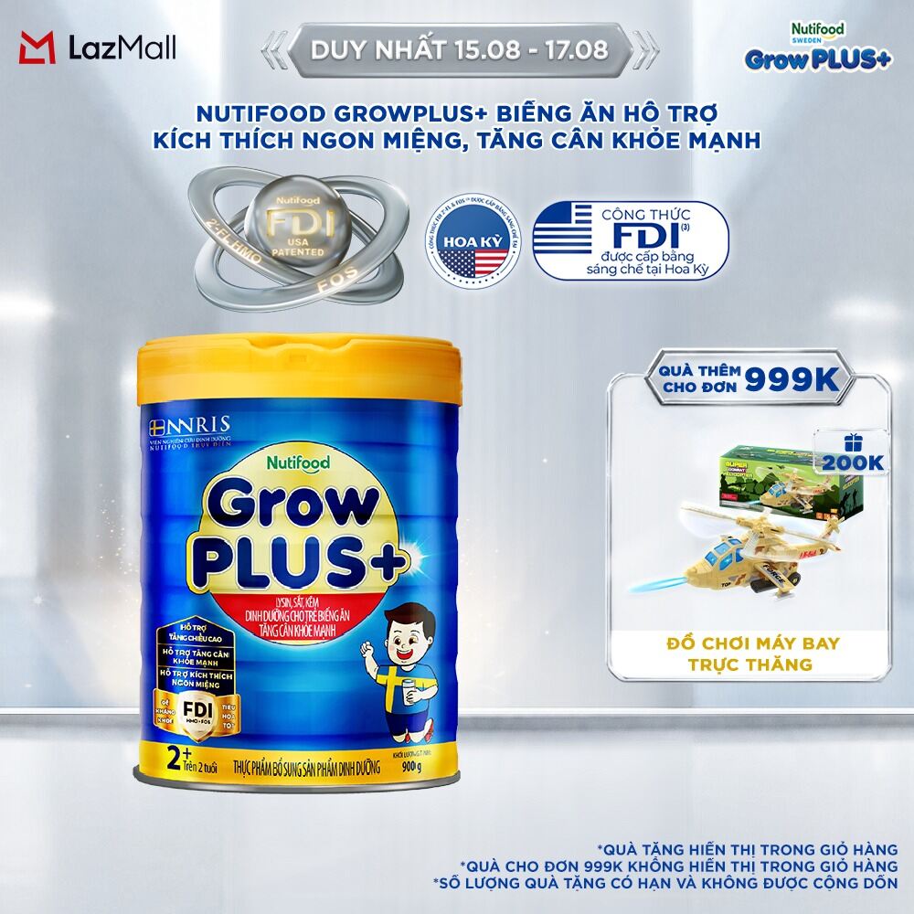 Sữa Bột Nutifood GrowPLUS+ Biếng Ăn (Xanh) 2+ - Hỗ trợ kích thích ngon miệng, tăng cân khỏe mạnh (Lon 900g)
