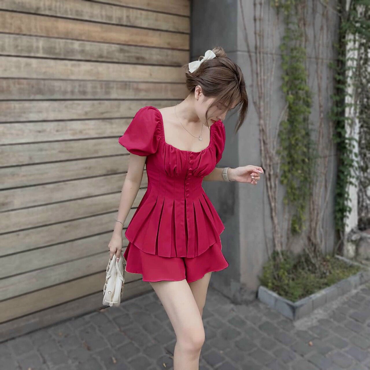 (SHOP TÁO ĐỎ BIGSIZE 50KG ĐẾN 90KG) set bộ tay phồng peplum quần ngắn