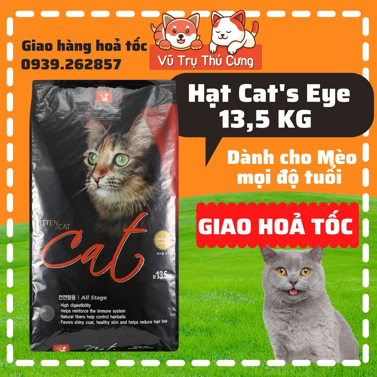 Thức ăn hạt CAT EYE dành cho Mèo mọi lứa tuổi 13.5Kg, Cateye cho Mèo