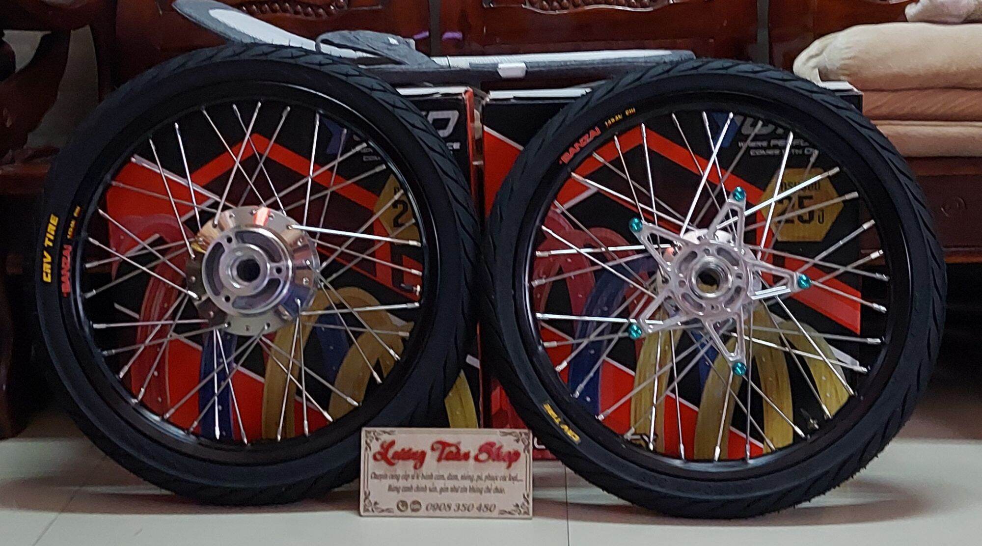 bánh căm RAIDER SATRIA niềng nhôm BANZAI vỏ CRV 60/70 kèm lòng và 5 ốc g5 lục bảo