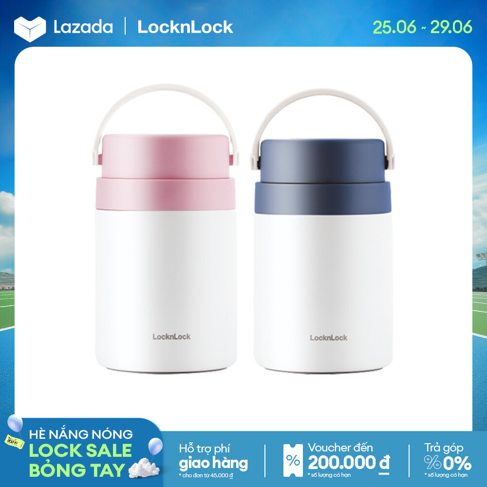 Hộp giữ nhiệt đựng thức ăn kèm muỗng Lock&Lock 700ml - LHC8042 - xanh/Hồng, Có quai xách, Kèm ngăn nhỏ