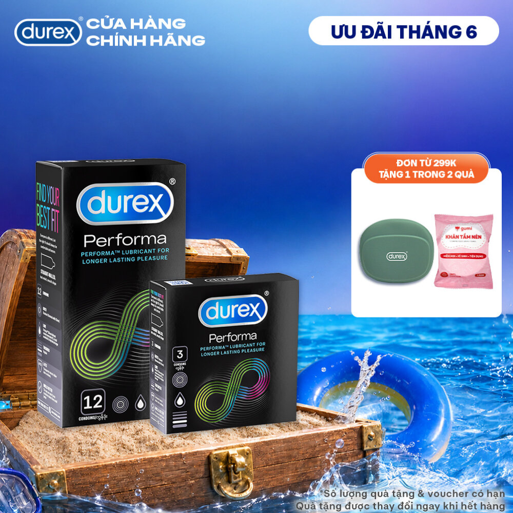 Bộ bao cao su Durex Performa kéo dài thời gian size 52mm, 1 hộp 12 bao và 1 hộp 3 bao