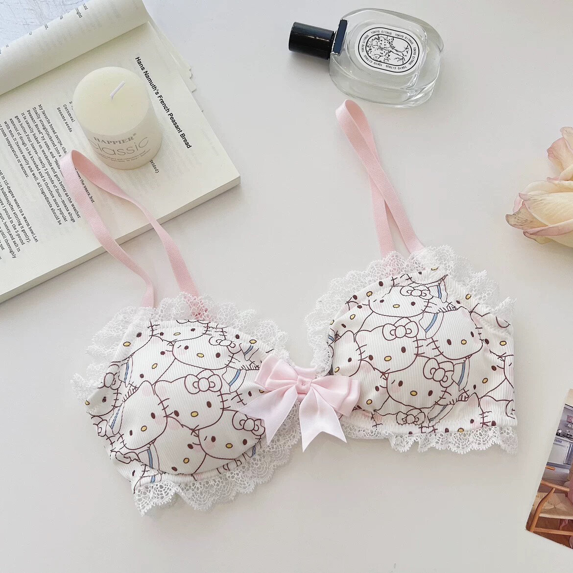 Bộ Đồ Lót Mèo Kitty Màu Hồng Ba Ngọn Đặn Quần Lót Nữ Bộ Đồ Bé Gái Ngực Nhỏ Thuần Khiết Mong Muốn Gợi