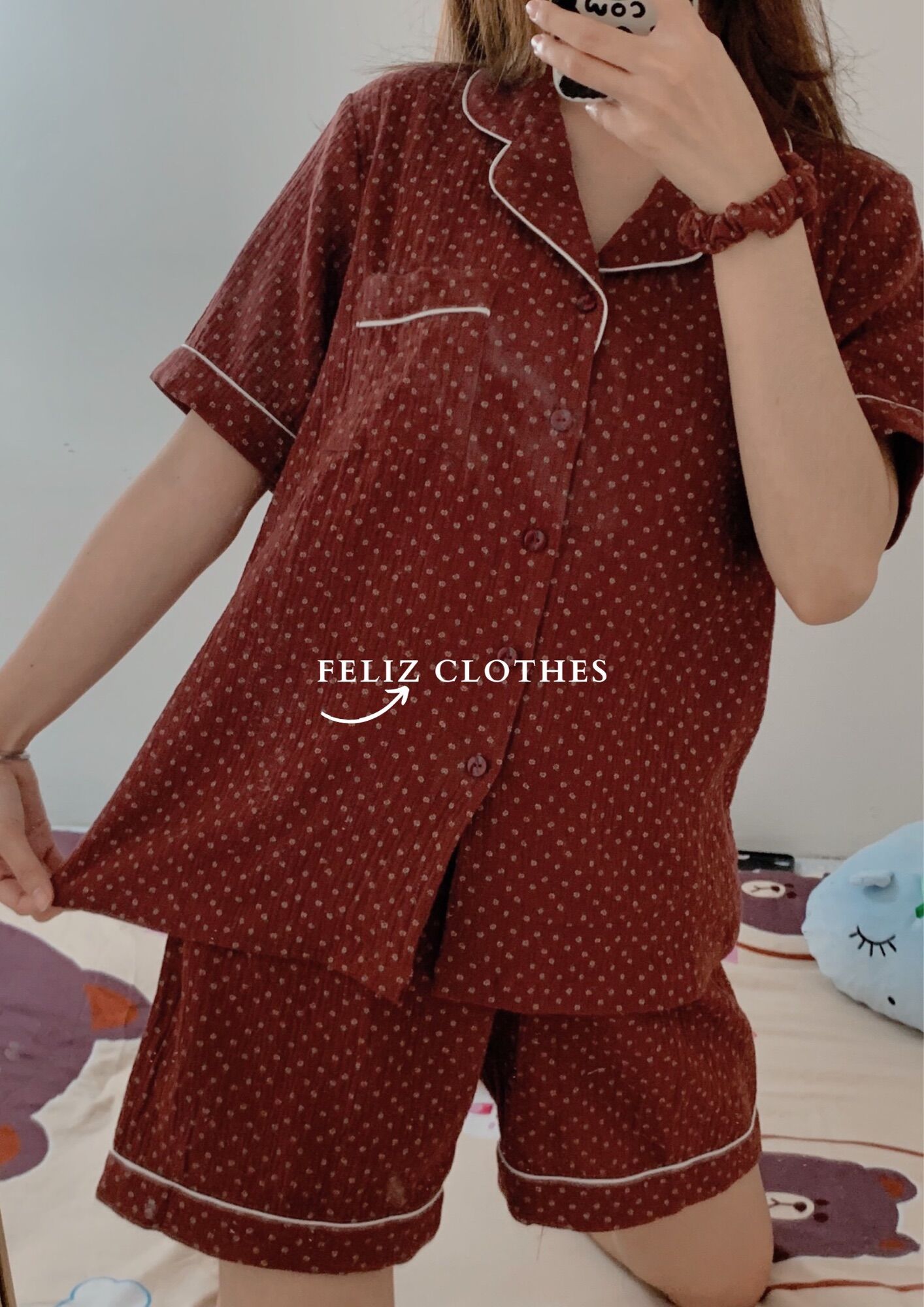 [HÌNH THẬT] Set pyjama đỏ mận xô muslin cao cấp siêu trắng da