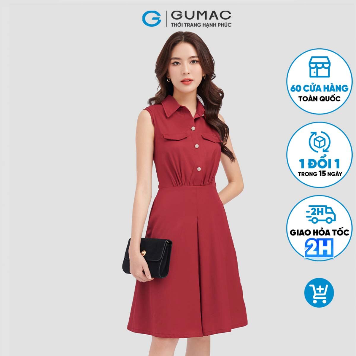 Đầm sơ mi GUMAC, đầm không tay 2 nắp túi DC08097