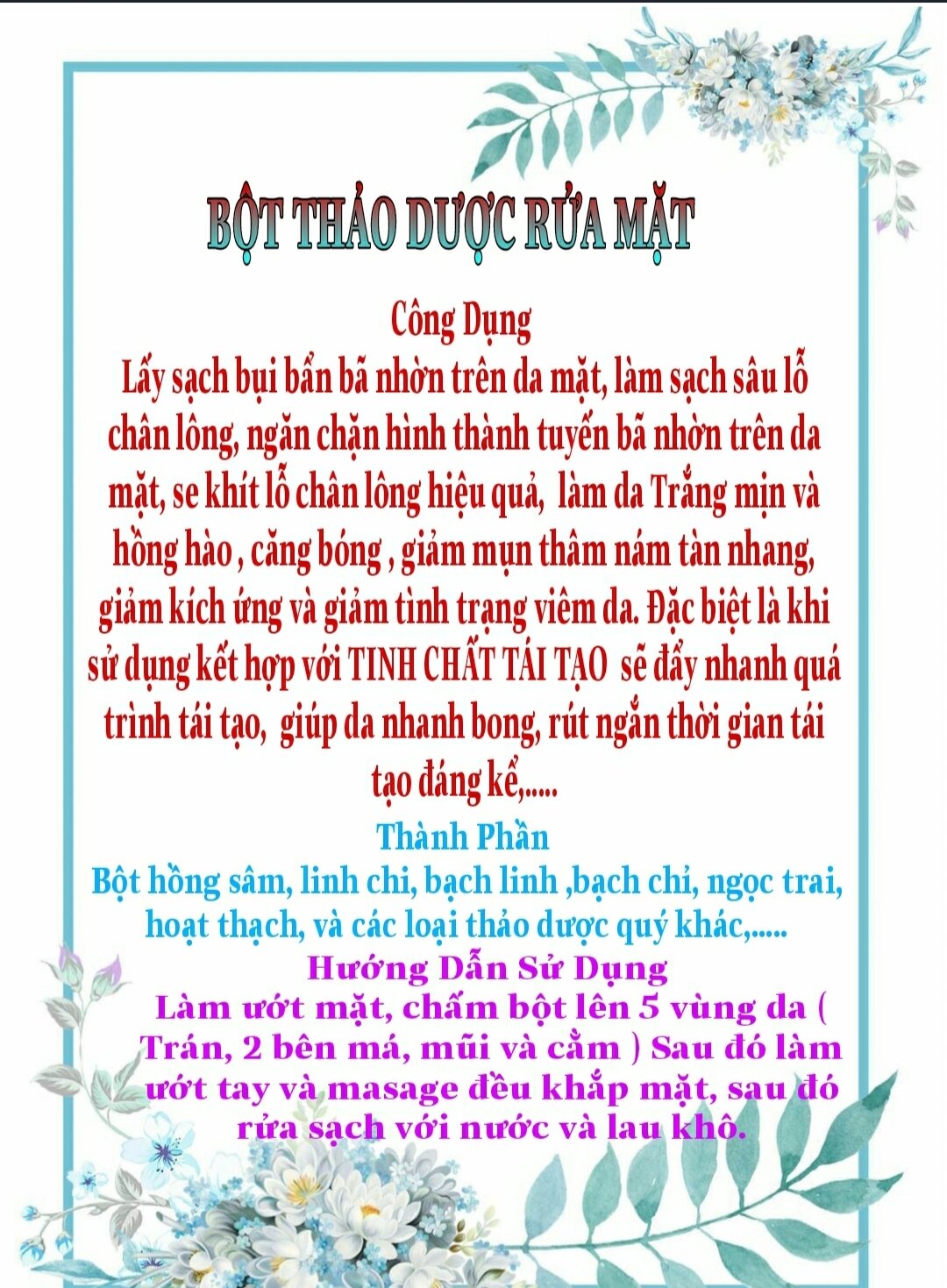 BỘT RỬA MẶT THẢO DƯỢC HỒNG SÂM ( làm sạch, sáng da, mờ thâm nám , giảm mụn , mịn và căng bóng da)