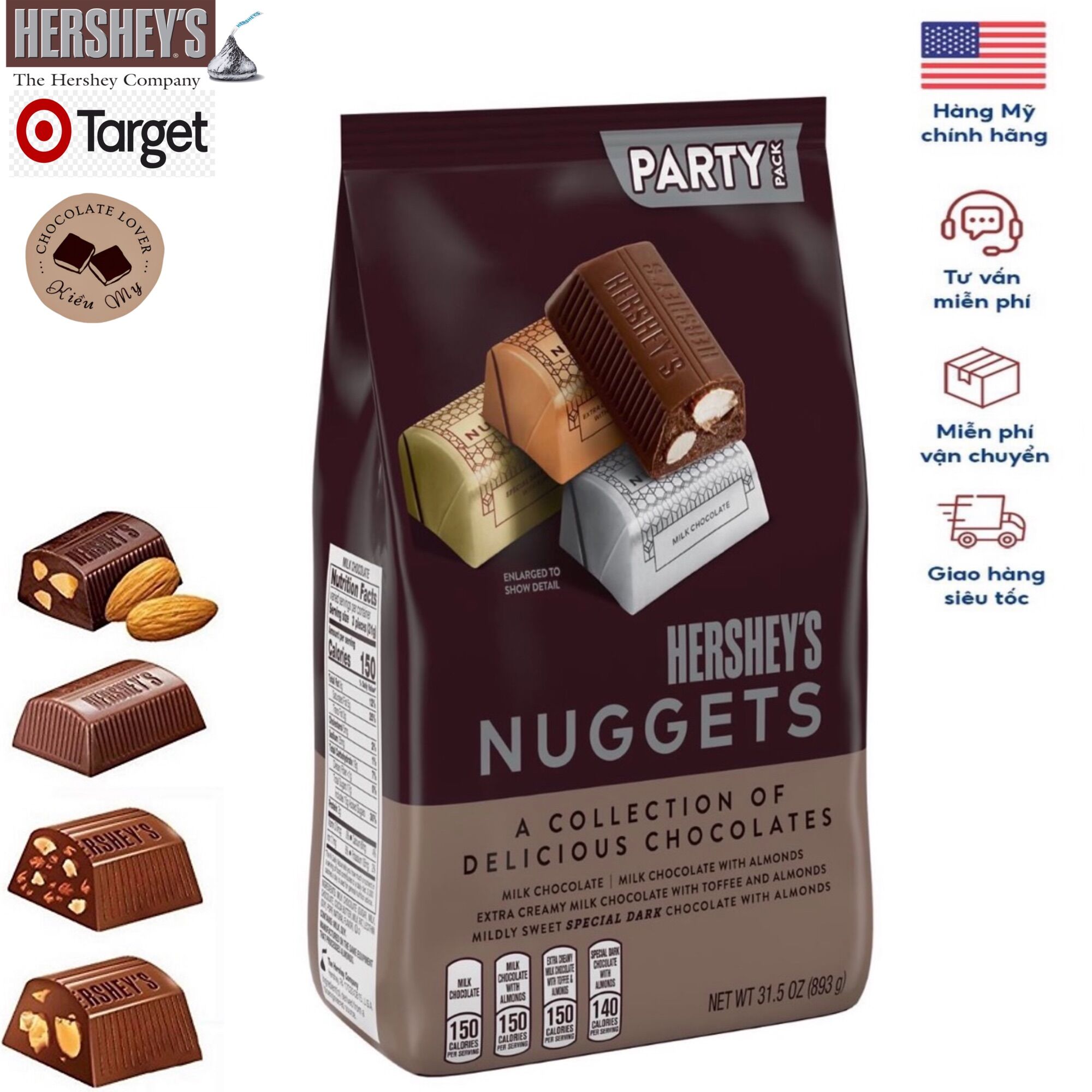 Kẹo Socola Mỹ Hershey nuggest túi 893g