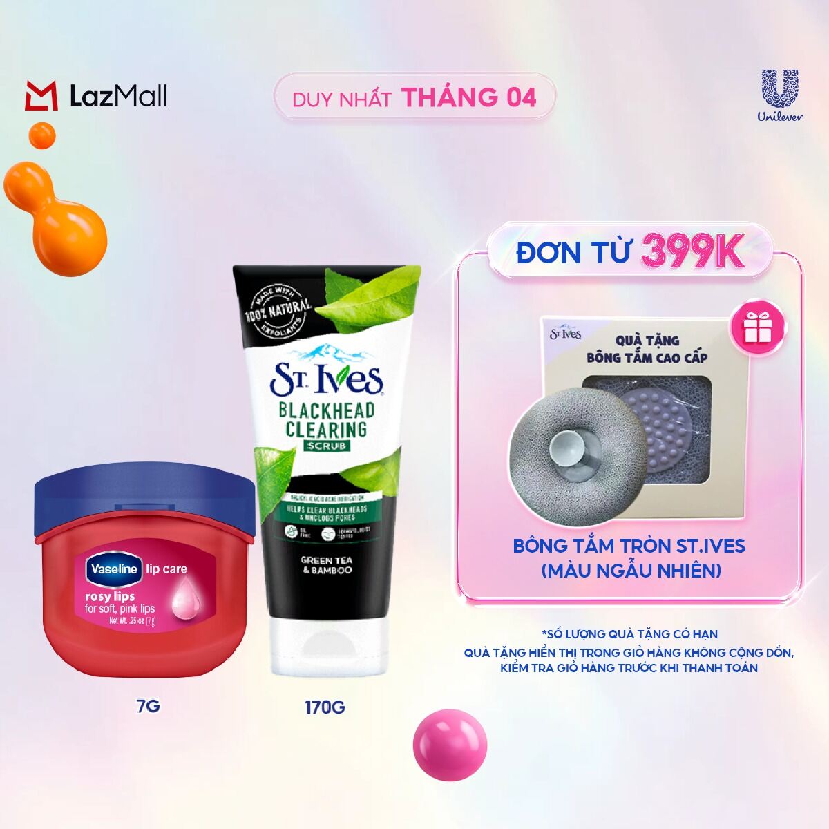 Combo Sữa rửa mặt tẩy tế bào chết ngừa mụn St.Ives Trà Xanh 170g + Sáp dưỡng môi Vaseline hồng xinh 7g