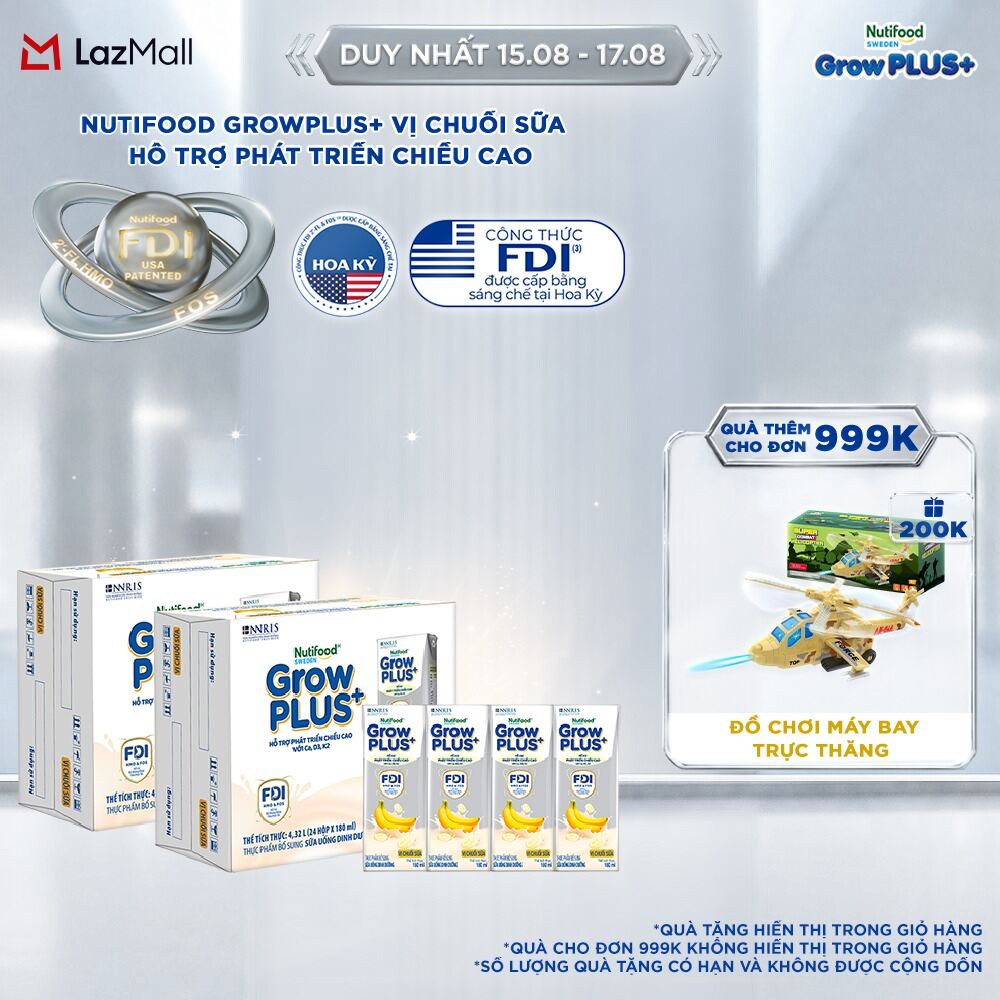 Combo 2 Thùng 24 hộp Sữa nước pha sẵn Nutifood Sweden GrowPLUS+ Vị Chuối Sữa hộp 180ml - Hỗ trợ phát triển chiều cao