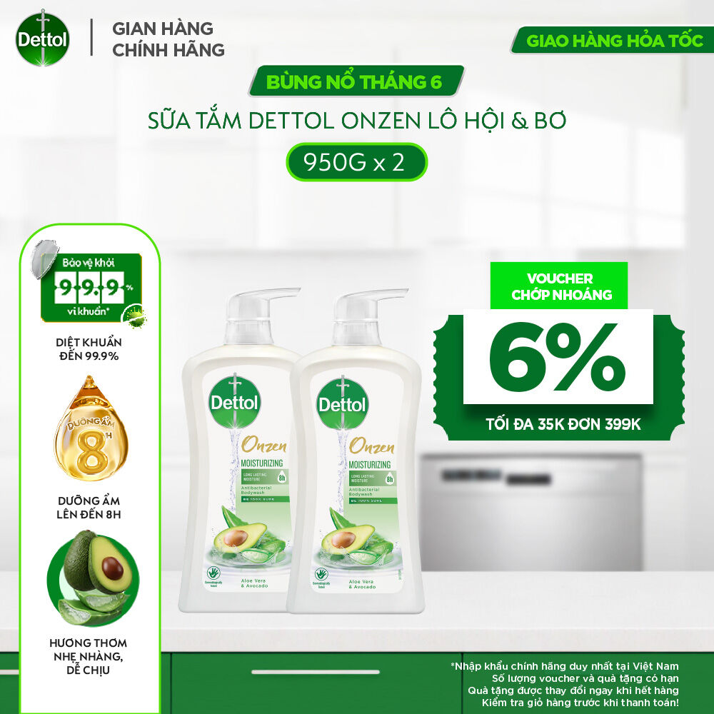 Combo 2 sữa tắm Dettol onzen kháng khuẩn dưỡng ẩm lô hội  bơ - Chai 900g