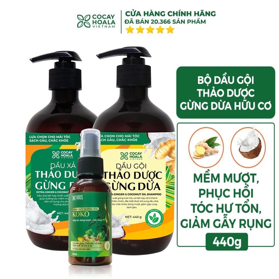 Dầu gội hữu cơ sạch gàu gừng dừa Cocayhoala làm mềm mượt tóc, giảm rụng tóc, phục hồi hư tổn dung tích 440g/chai