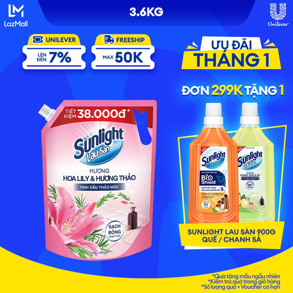 Nước lau sàn Sunlight Hoa Lily & Hương Thảo Túi 3.6kg Tinh dầu Thảo mộc 100 Hương thơm tinh tế