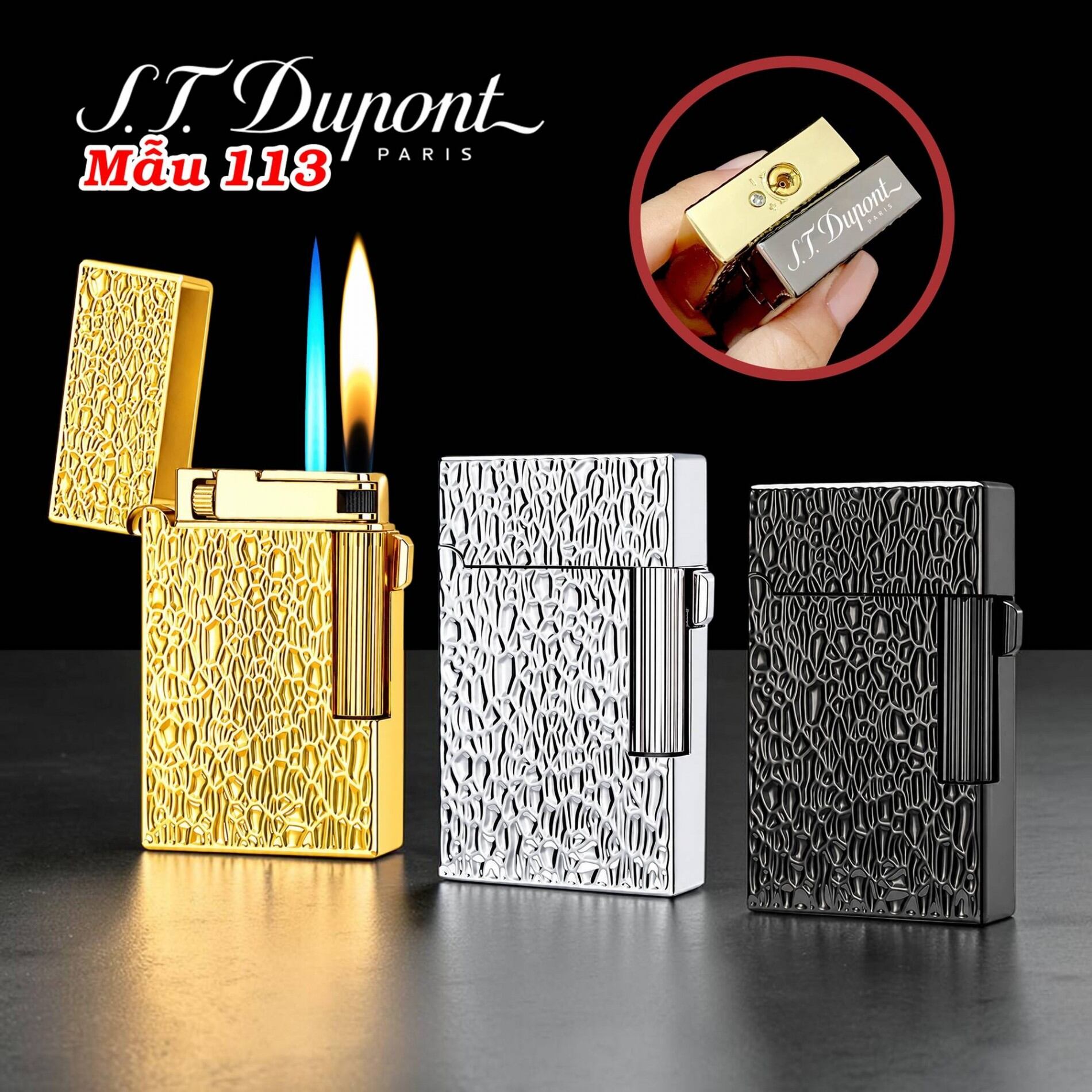 hộp quẹt bật lửa ga đá đuồn 2 chế độ lửa thiết kế vân gõ búa độc lạ