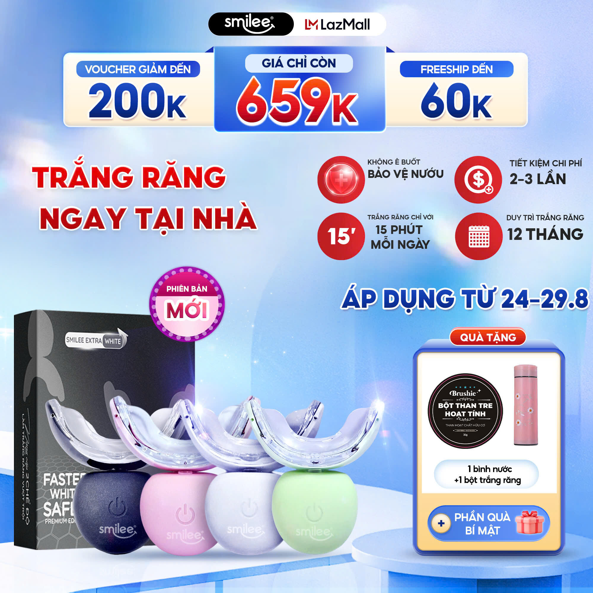 Trắng răng Smilee Extra, trắng răng từ 3-6 tone sau một liệu trình giúp hơi thở thơm mát tự tin. Hàng chính hãng
