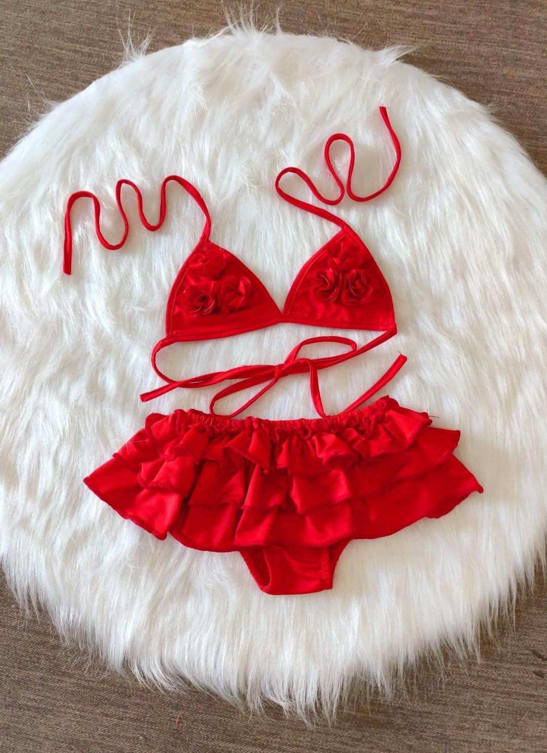 Đồ bơi tầng bèo xinh bé gái |bikini 2 mảnh màu đỏ xinh cho bé