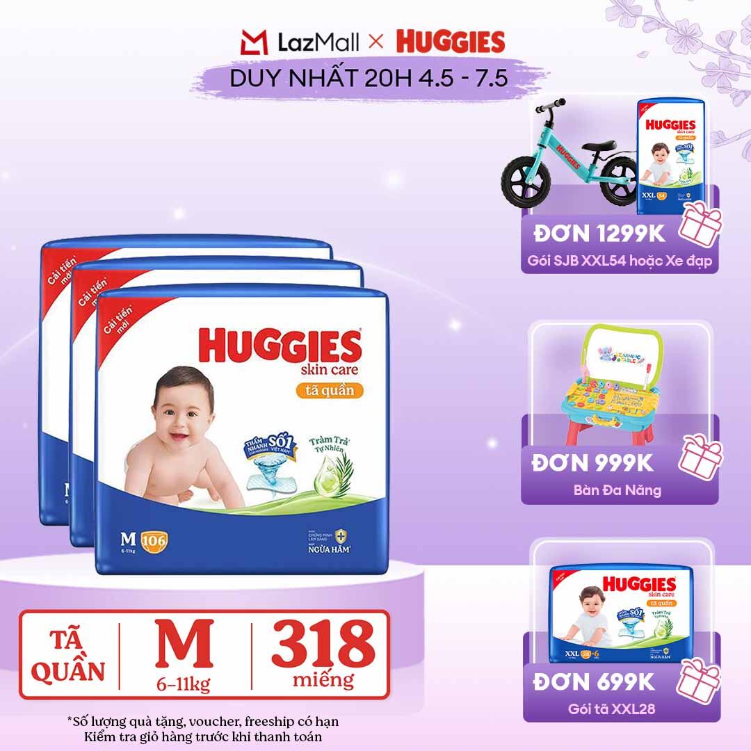 [CHỈ 20h 04-07.05 GIẢM THÊM 90K]  Combo 3 Gói Tã/bỉm quần HUGGIES SKINCARE MEGA JUMBO size M106 miếng/ M102+4 miếng