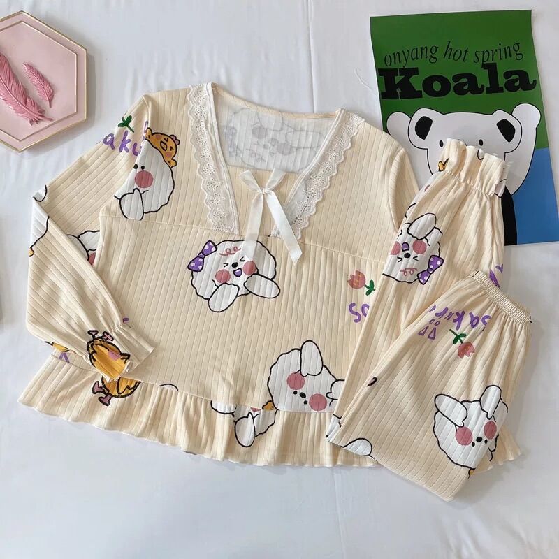 Bộ ngủ nữ mặc nhà dài tay kẻ sọc ren nơ siêu dễ thương