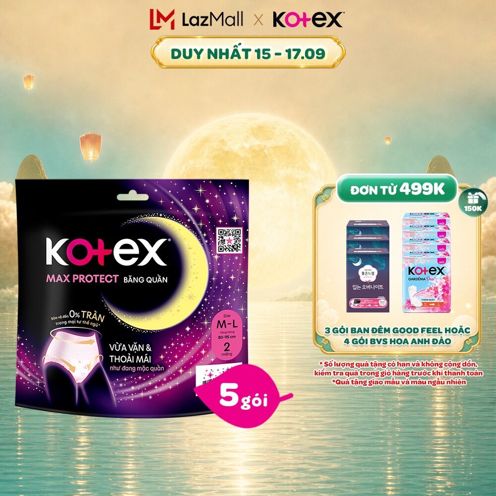 Combo 5 Băng Vệ Sinh Kotex Ban Đêm Dạng Quần cỡ M/L 5 miếng, M/L 2 miếng, L/XL 2 miếng