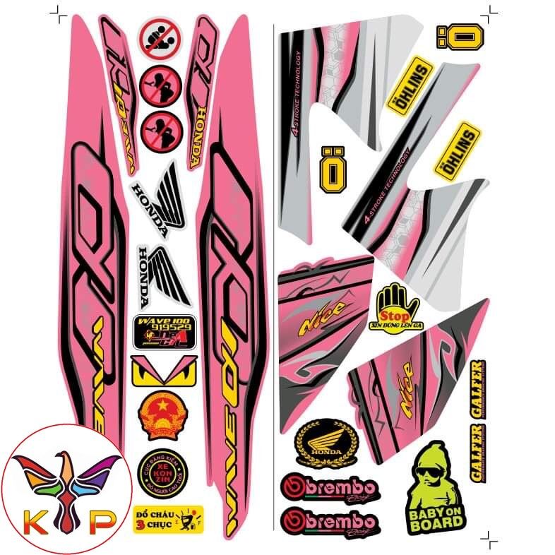 Tem xe wave alpha 100 & 50cc đen hồng,tem 3 lớp hàng cao cấp in tặng kèm nhiều hình dán nhỏ