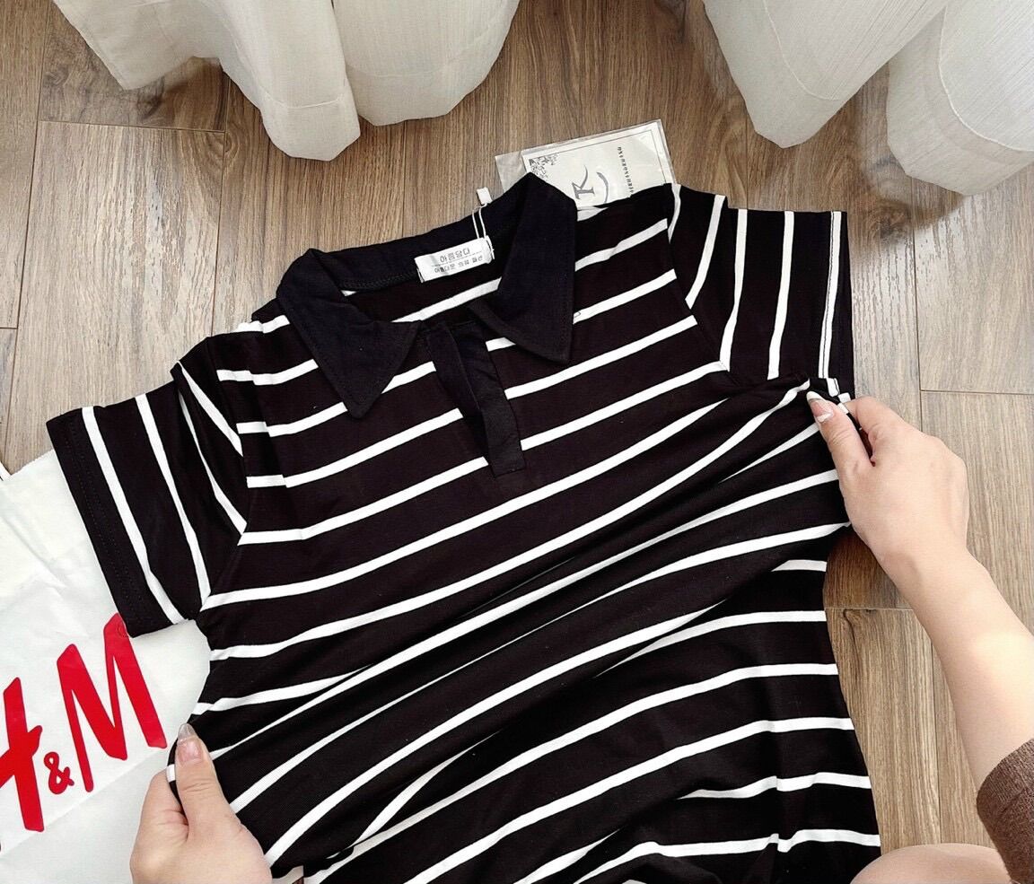 Váy polo kẻ ngang tôn dáng, váy kẻ HM dáng dài có cổ basic