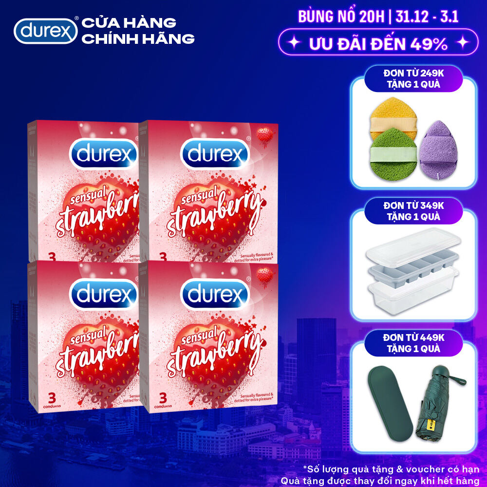  Bộ 4 hộp bao cao su Durex Sensual Strawberry hương dâu  size 52mm 3 bao hộp  