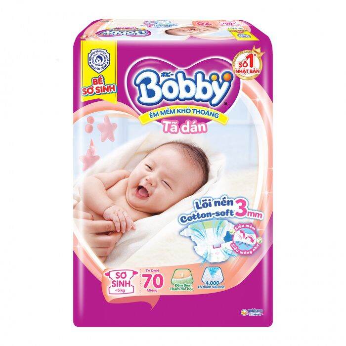 (Thêm 6 miếng)/Bỉm - Tã dán Bobby size XS70 miếng (cho bé sơ sinh tới 5kg)