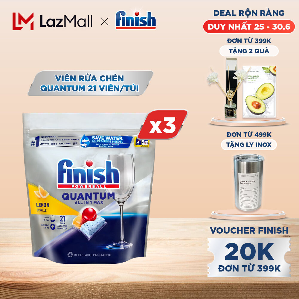 Combo 03 túi Viên Rửa Chén Bát Finish Powerball Quantum 21 viên