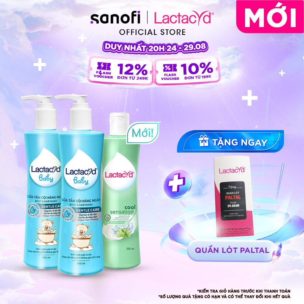 Bộ 1 chai ddvs phụ nữ lactacyd cool sensation 250ml + 2 chai sữa tắm gội trẻ em gentle care 500ml
