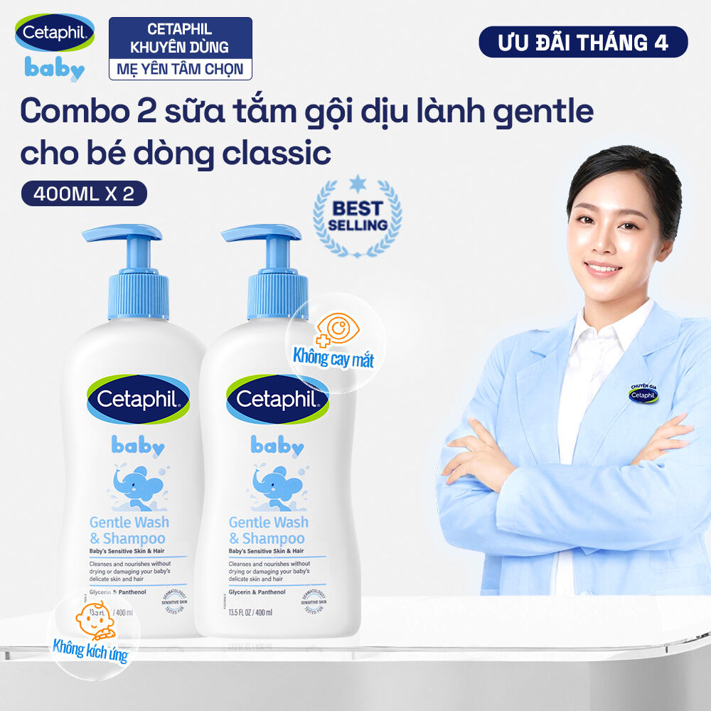 Combo 2 Sữa tắm gội dịu lành cho bé Cetaphil Baby Gentle Wash  Shampoo 400ml/chai