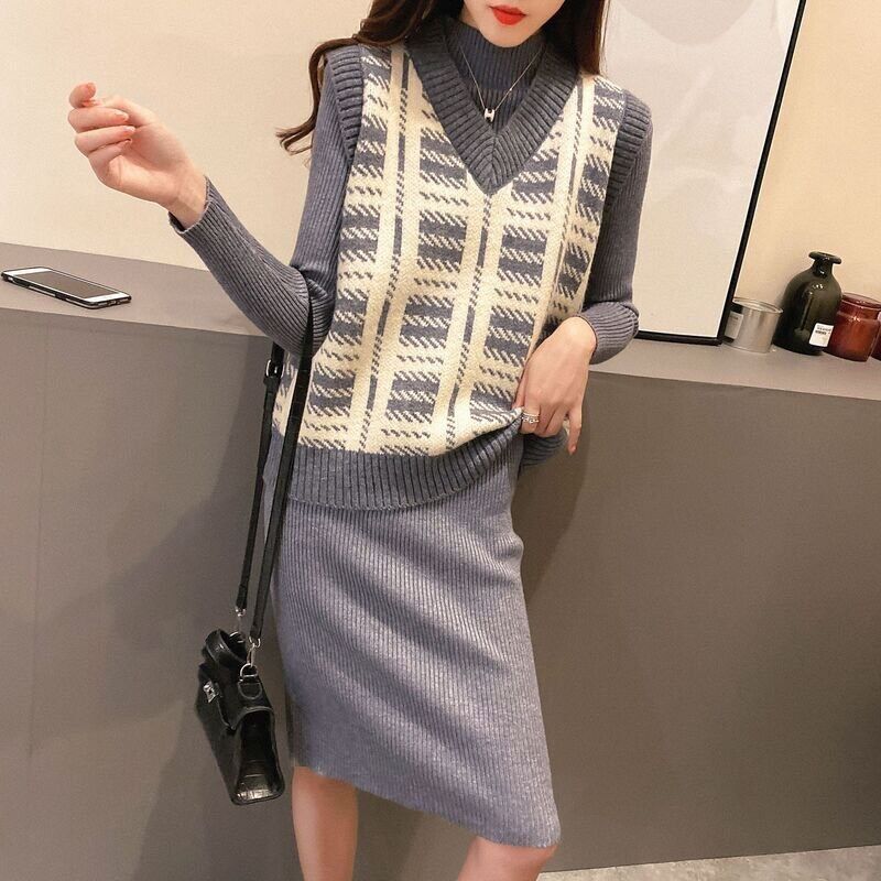 Set váy len suông kết hơpj gile