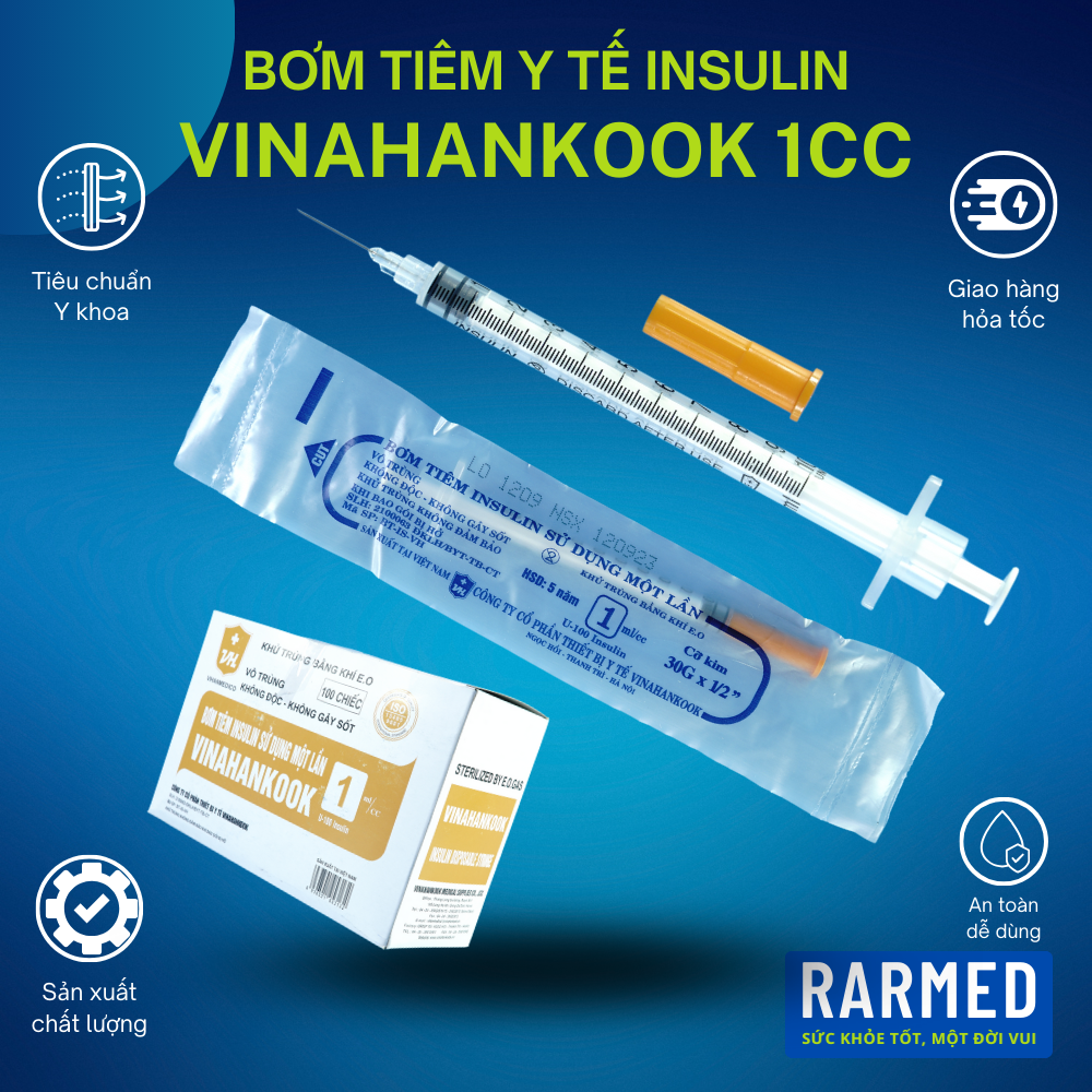 Bơm tiêm Insulin 1cc VINAHANKOOK bơm tiêm xilanh y tế 1ml vô trùng - Tặng kim / Nhiều cỡ