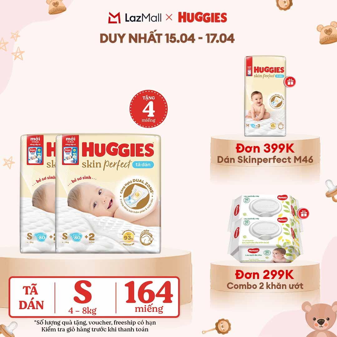 [CHỈ 18-24.04 QUÀ TẶNG ĐƠN 0Đ]  Combo 2 Tã/Bỉm dán sơ sinh Huggies Skin Perfect S80 - 80 miếng